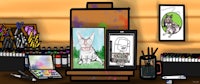 a cartoon illustration of an artist's workspace