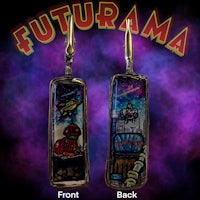 a pair of earrings with the words futurama on them